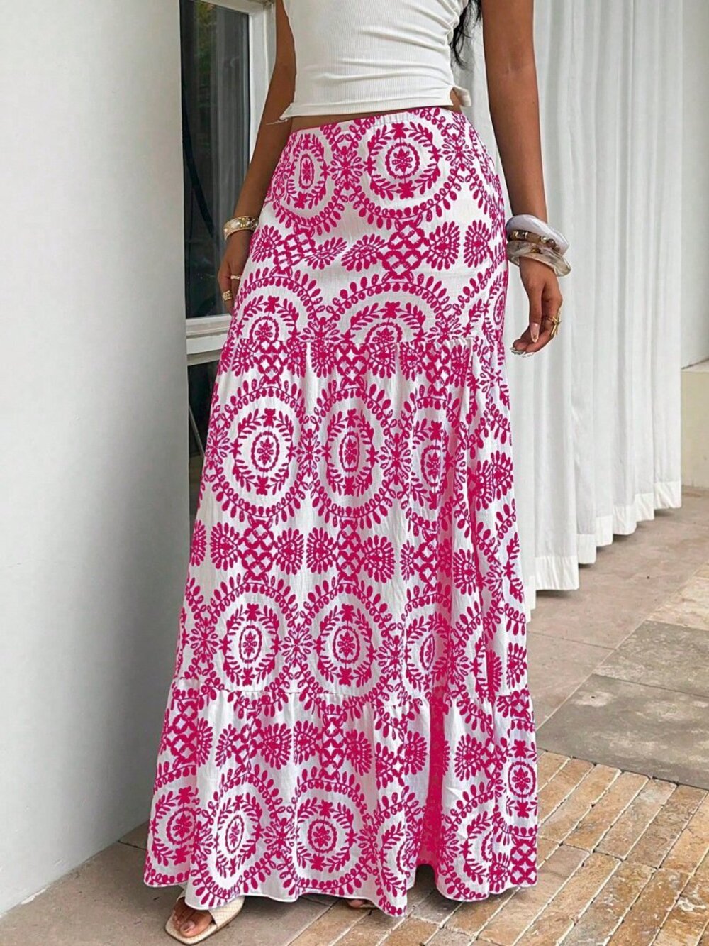 Hot Pink Boho Women's Vacation Plant Print Elastic Waist Ruffle Hem Casual Skirt - Picture 5 of 5